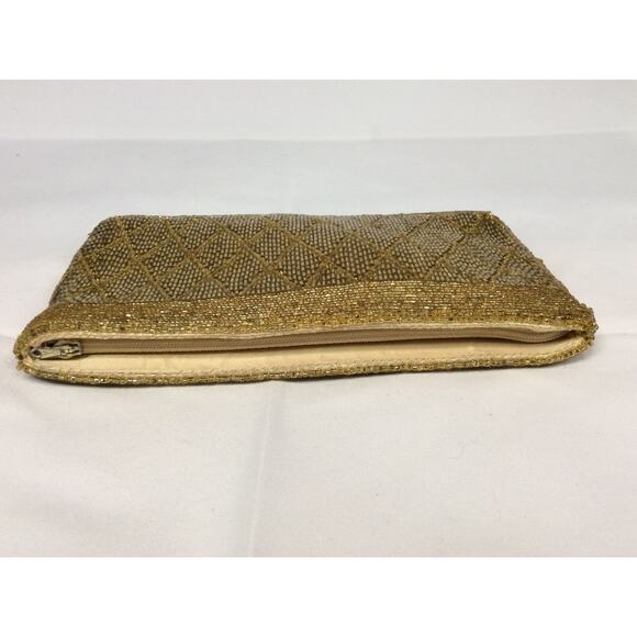 VINTAGE SAKS FIFTH AVENUE GOLD BEADED ZIPPER BAG PURSE CLUTCH - Picture 7 of 9